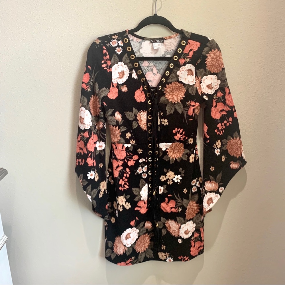 Black floral long sleeve dress with lace up detail